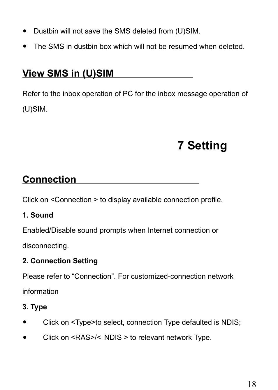 View sms in (u)sim, 7 setting, Connection | Verykool m1000 User Manual | Page 18 / 23