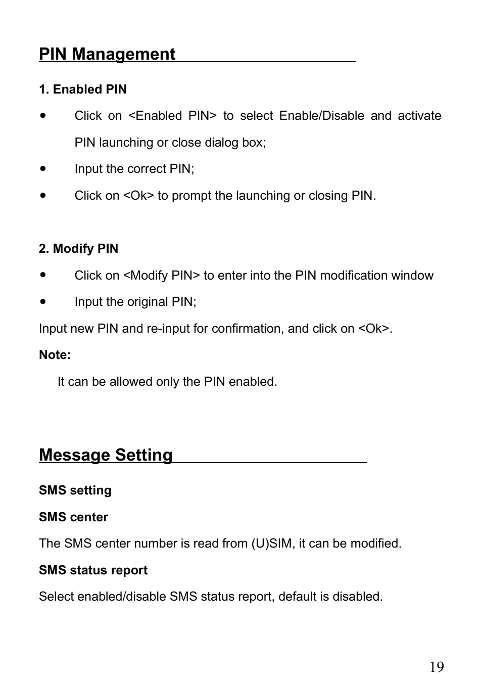 Pin management, Message setting | Verykool m1000 User Manual | Page 19 / 23