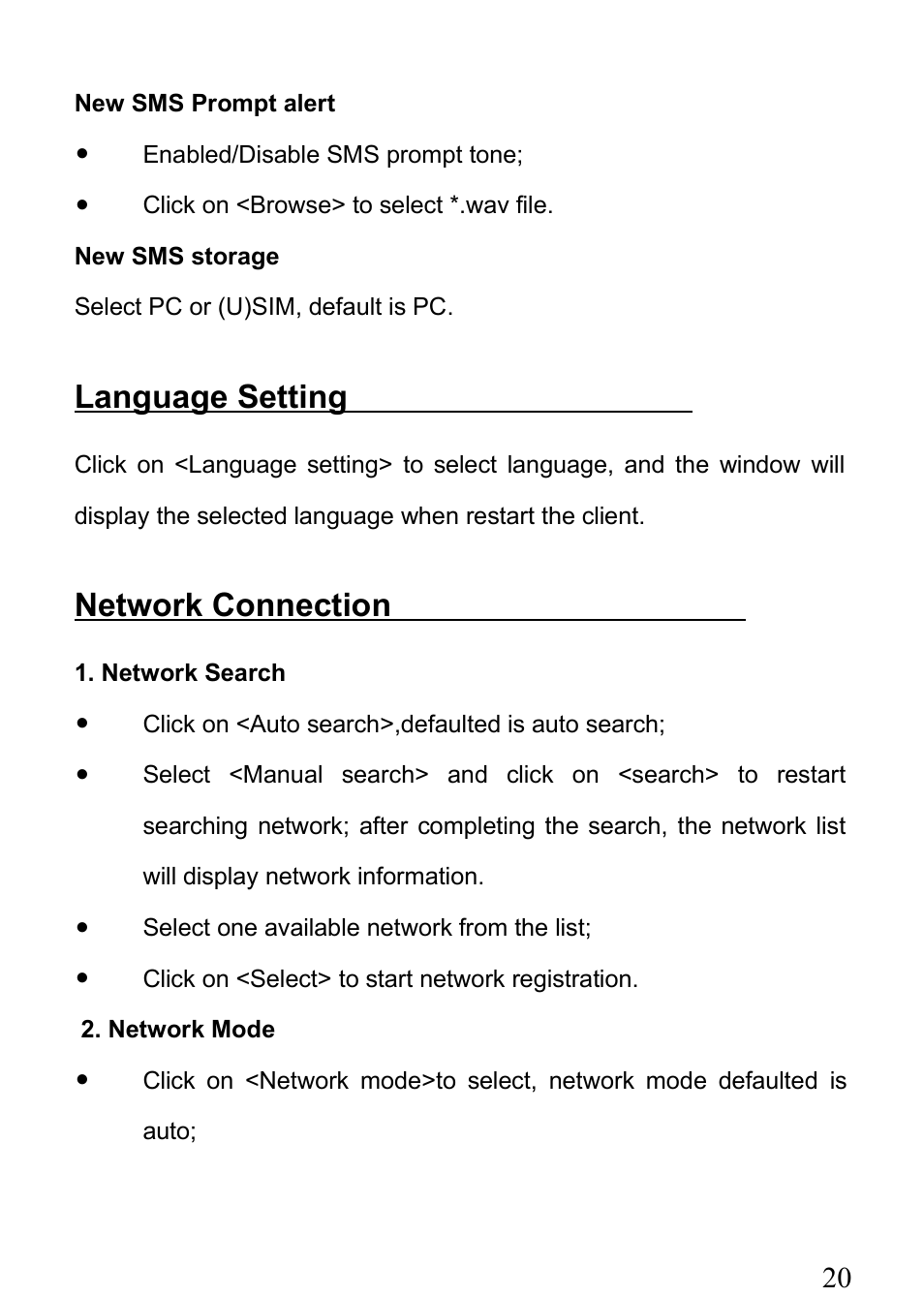 Language setting, Network connection | Verykool m1000 User Manual | Page 20 / 23
