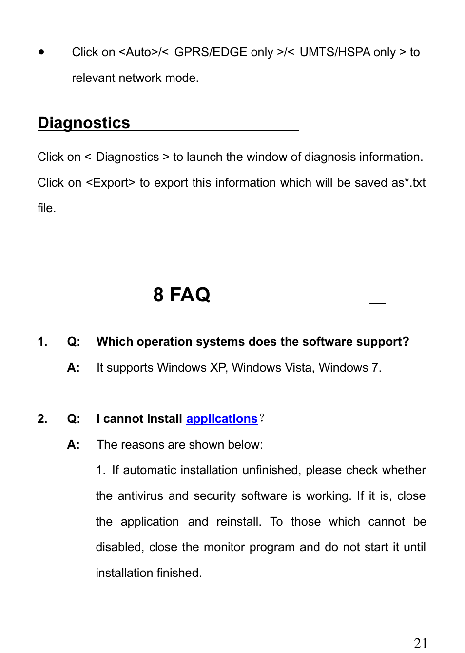 Diagnostics, 8 faq | Verykool m1000 User Manual | Page 21 / 23