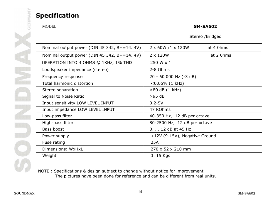 Specification | SoundMax SM-SA602 User Manual | Page 14 / 27