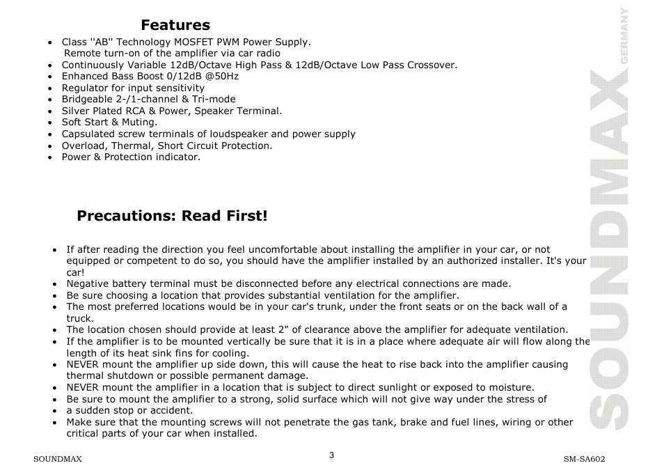 Features, Precautions: read first | SoundMax SM-SA602 User Manual | Page 3 / 27