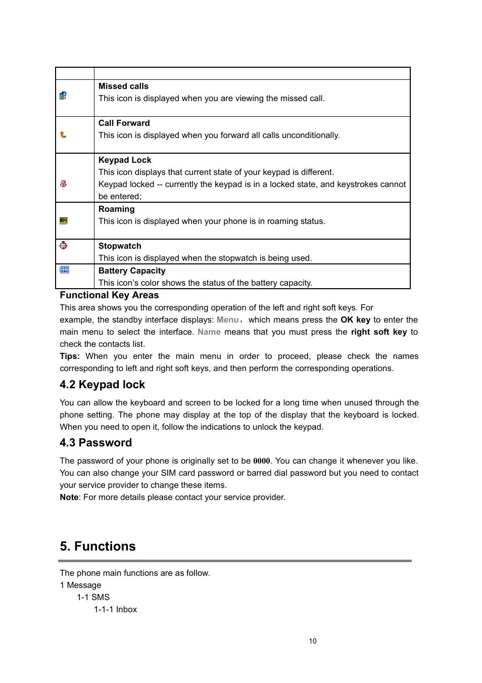 2 keypad lock, 3 password, Functions | Verykool i122 User Manual | Page 10 / 21