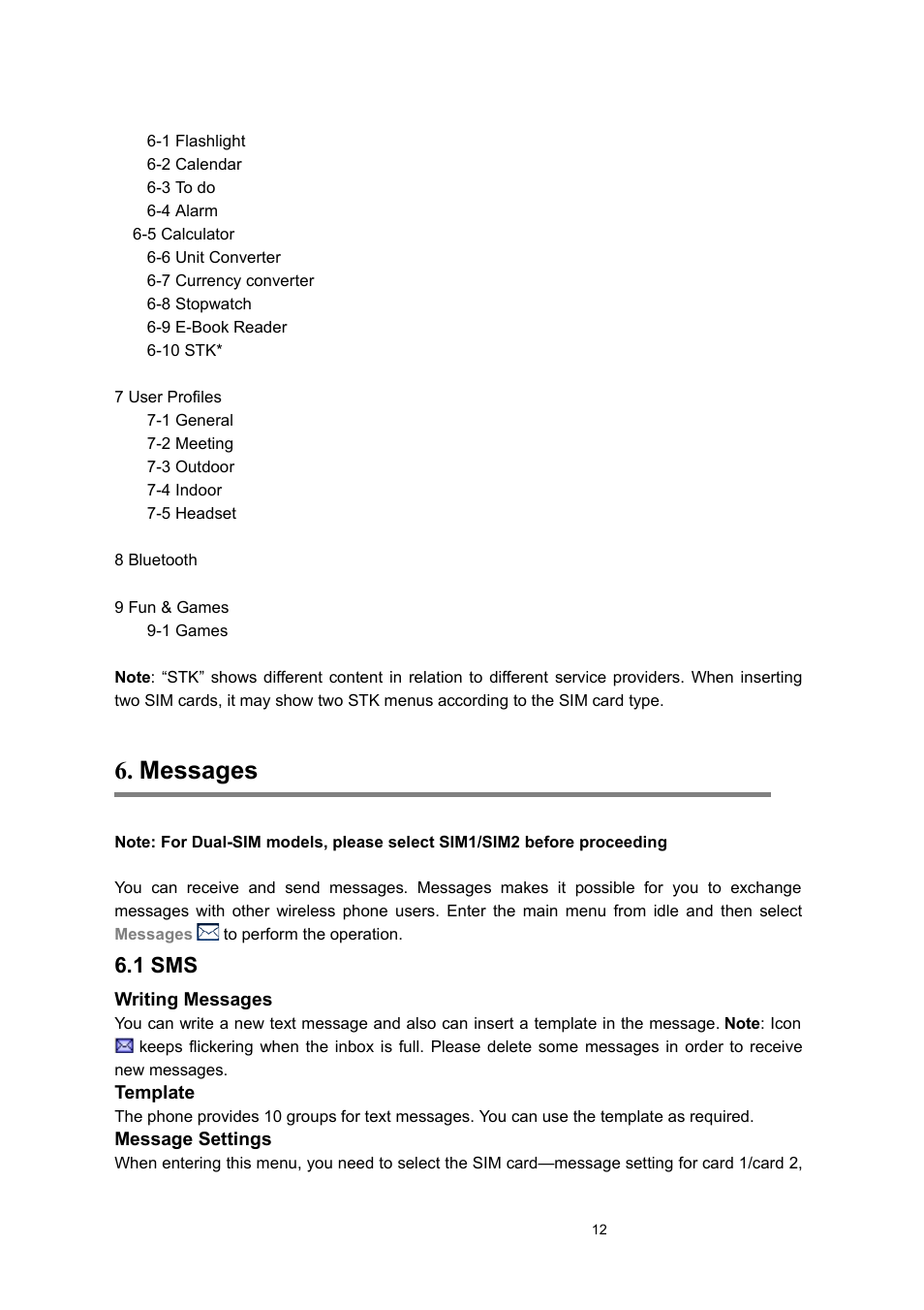 Messages, 1 sms | Verykool i122 User Manual | Page 12 / 21