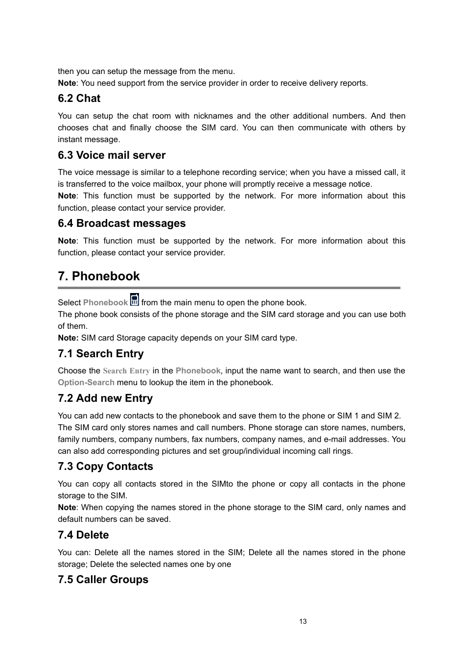2 chat, 3 voice mail server, 4 broadcast messages | Phonebook, 1 search entry, 2 add new entry, 3 copy contacts, 4 delete, 5 caller groups | Verykool i122 User Manual | Page 13 / 21