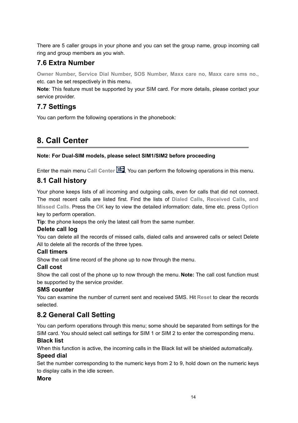 6 extra number, 7 settings, Call center | 1 call history, 2 general call setting, Phonebook | Verykool i122 User Manual | Page 14 / 21