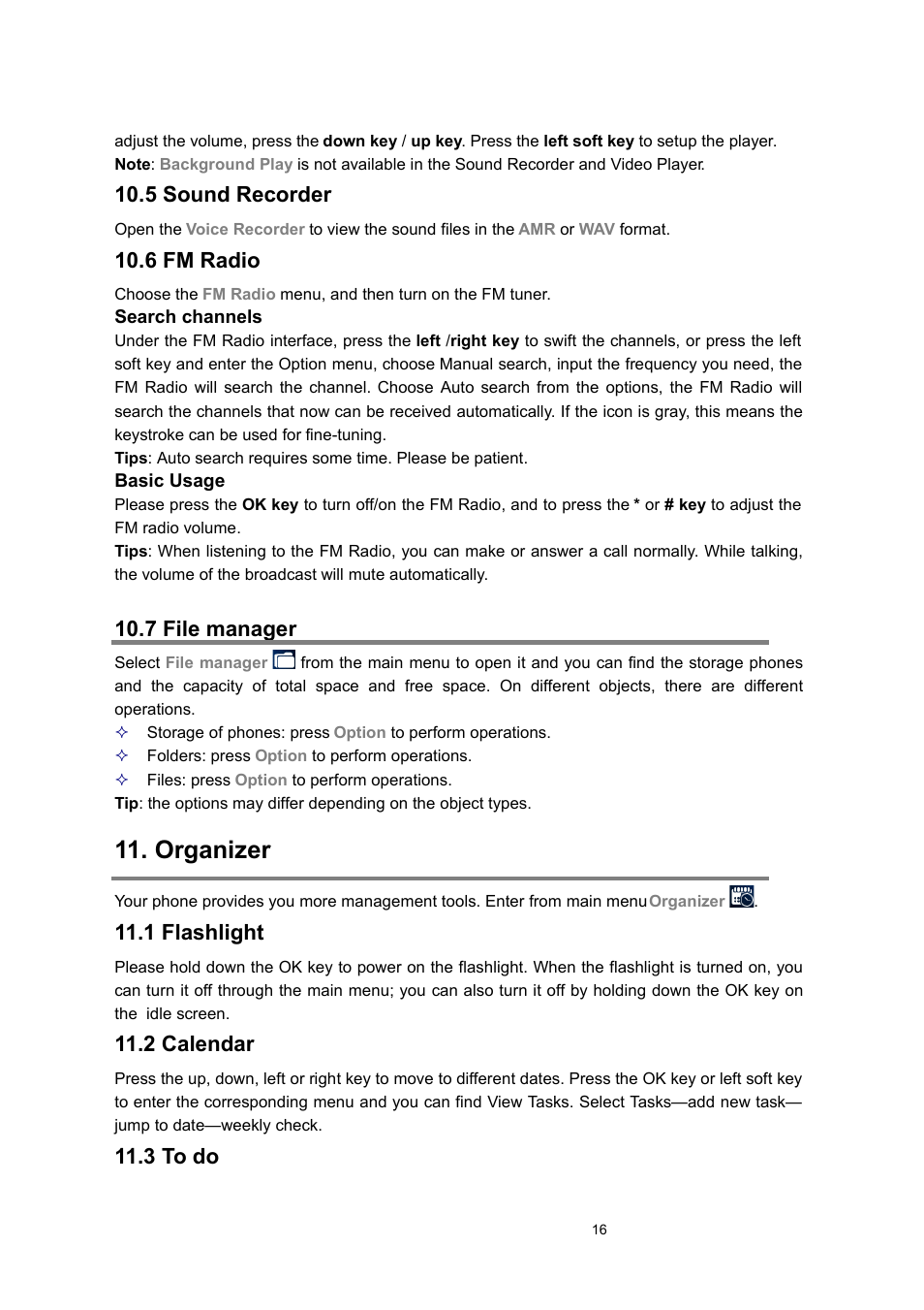 5 sound recorder, 6 fm radio, 7 file manager | Organizer, 1 flashlight, 2 calendar, 3 to do | Verykool i122 User Manual | Page 16 / 21