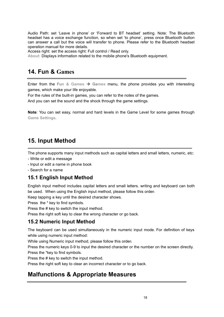 Fun & games, Input method, 1 english input method | 2 numeric input method, Malfunctions & appropriate measures | Verykool i122 User Manual | Page 18 / 21