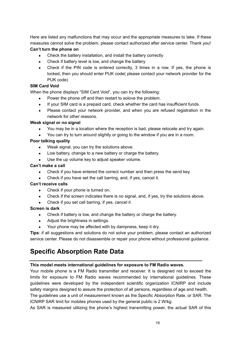 Specific absorption rate data | Verykool i122 User Manual | Page 19 / 21