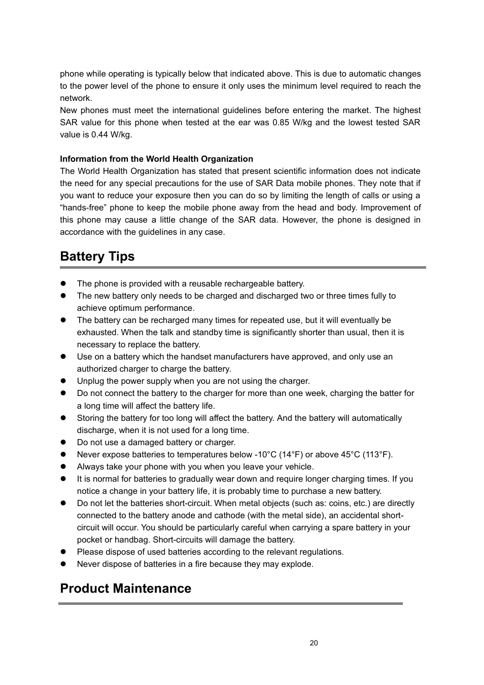 Battery tips, Product maintenance | Verykool i122 User Manual | Page 20 / 21