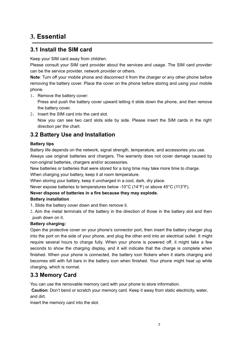 Essential, 1 install the sim card, 2 battery use and installation | 3 memory card | Verykool i122 User Manual | Page 7 / 21