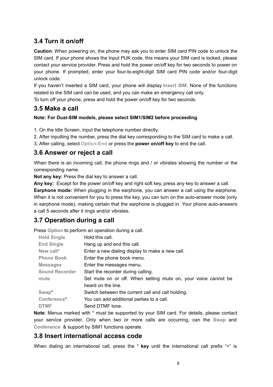 4 turn it on/off, 5 make a call, 6 answer or reject a call | 7 operation during a call, 8 insert international access code | Verykool i122 User Manual | Page 8 / 21