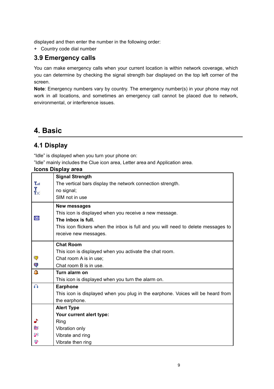 9 emergency calls, Basic, 1 display | Verykool i122 User Manual | Page 9 / 21