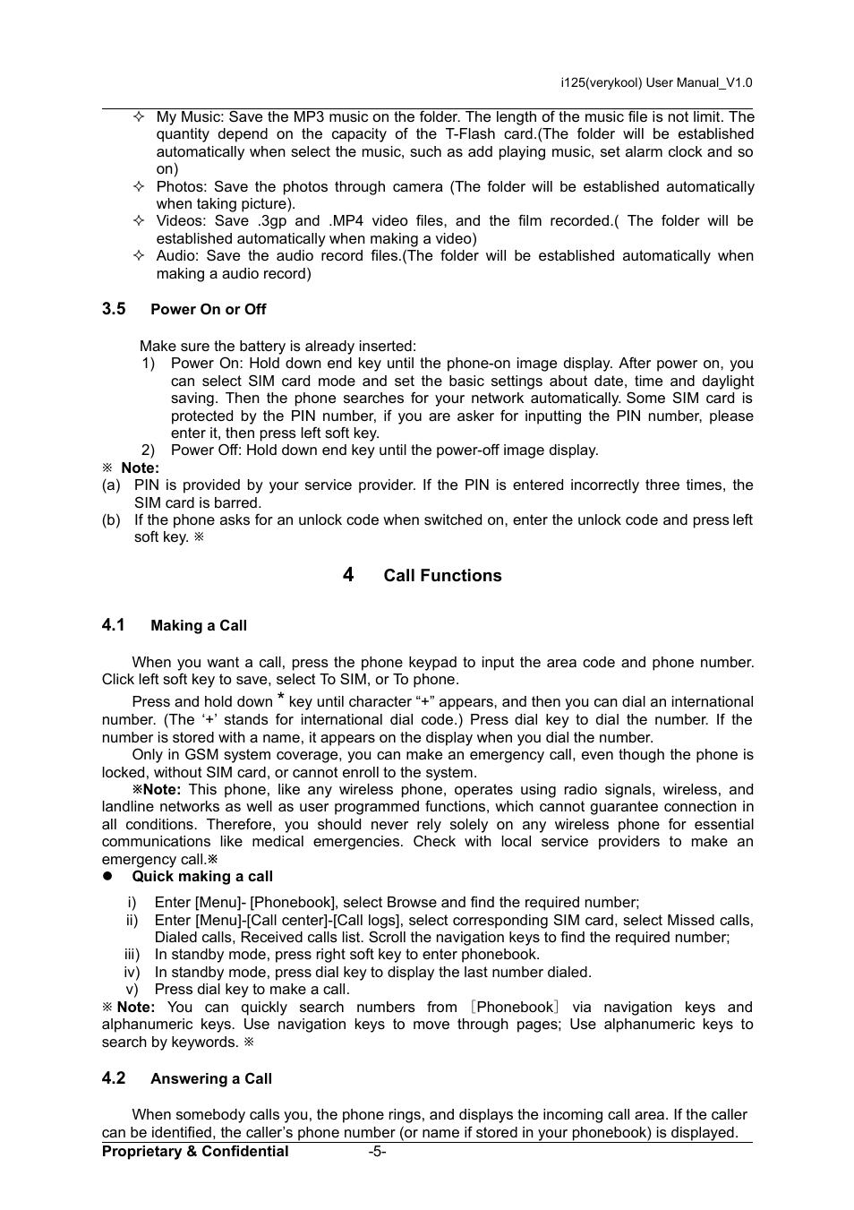 5 power on or off, 4 call functions, 1 making a call | 2 answering a call | Verykool i125 User Manual | Page 10 / 29