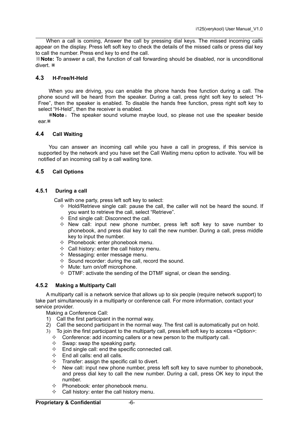 3 h-free/h-held, 4 call waiting, 5 call options | 1 during a call, 2 making a multiparty call | Verykool i125 User Manual | Page 11 / 29