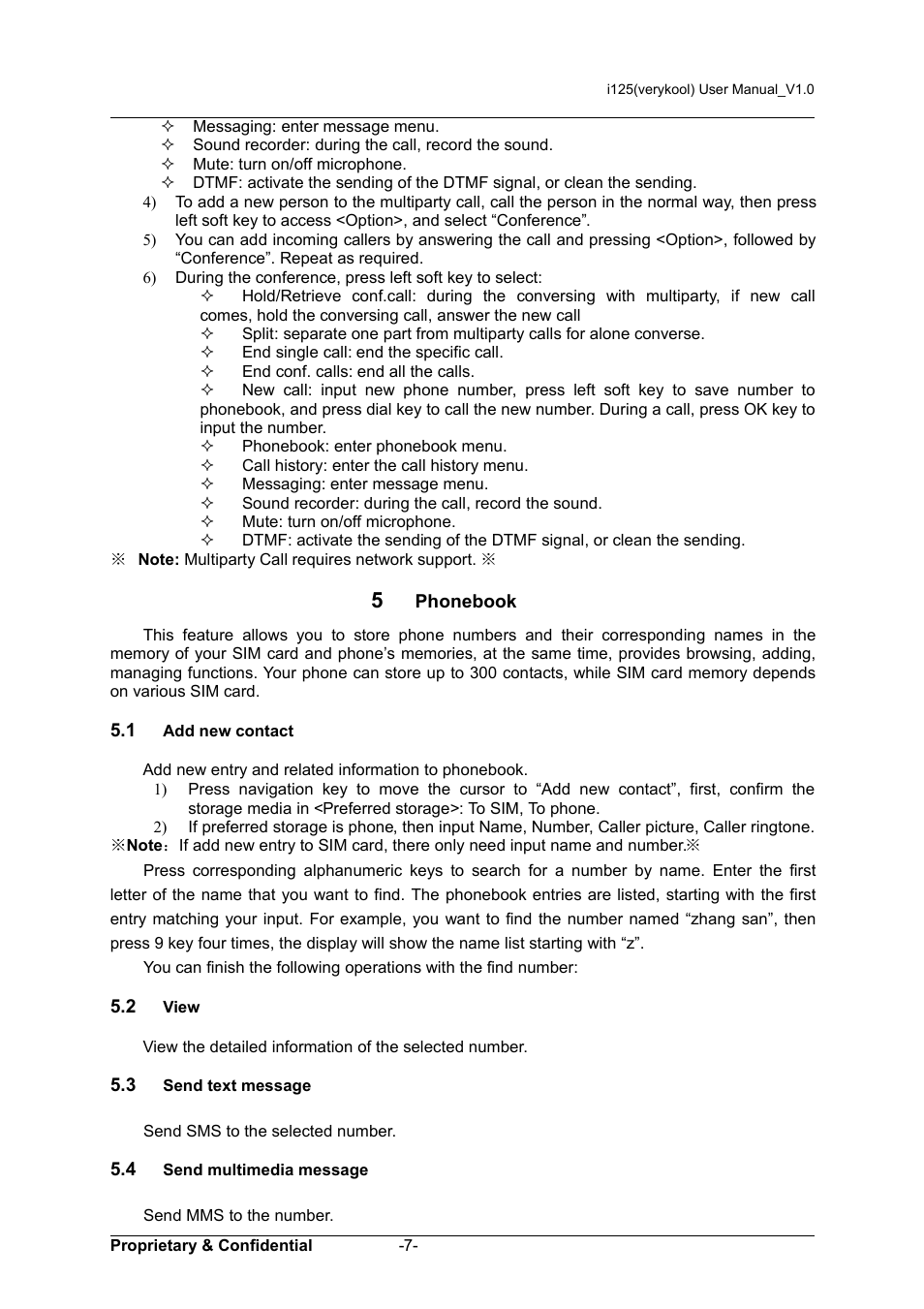 5 phonebook, 1 add new contact, 2 view | 3 send text message, 4 send multimedia message | Verykool i125 User Manual | Page 12 / 29
