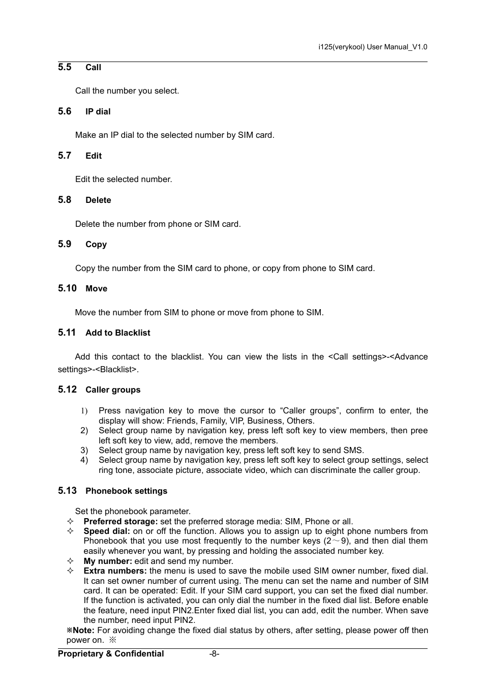 5 call, 6 ip dial, 7 edit | 8 delete, 9 copy, 10 move, 11 add to blacklist, 12 caller groups, 13 phonebook settings | Verykool i125 User Manual | Page 13 / 29