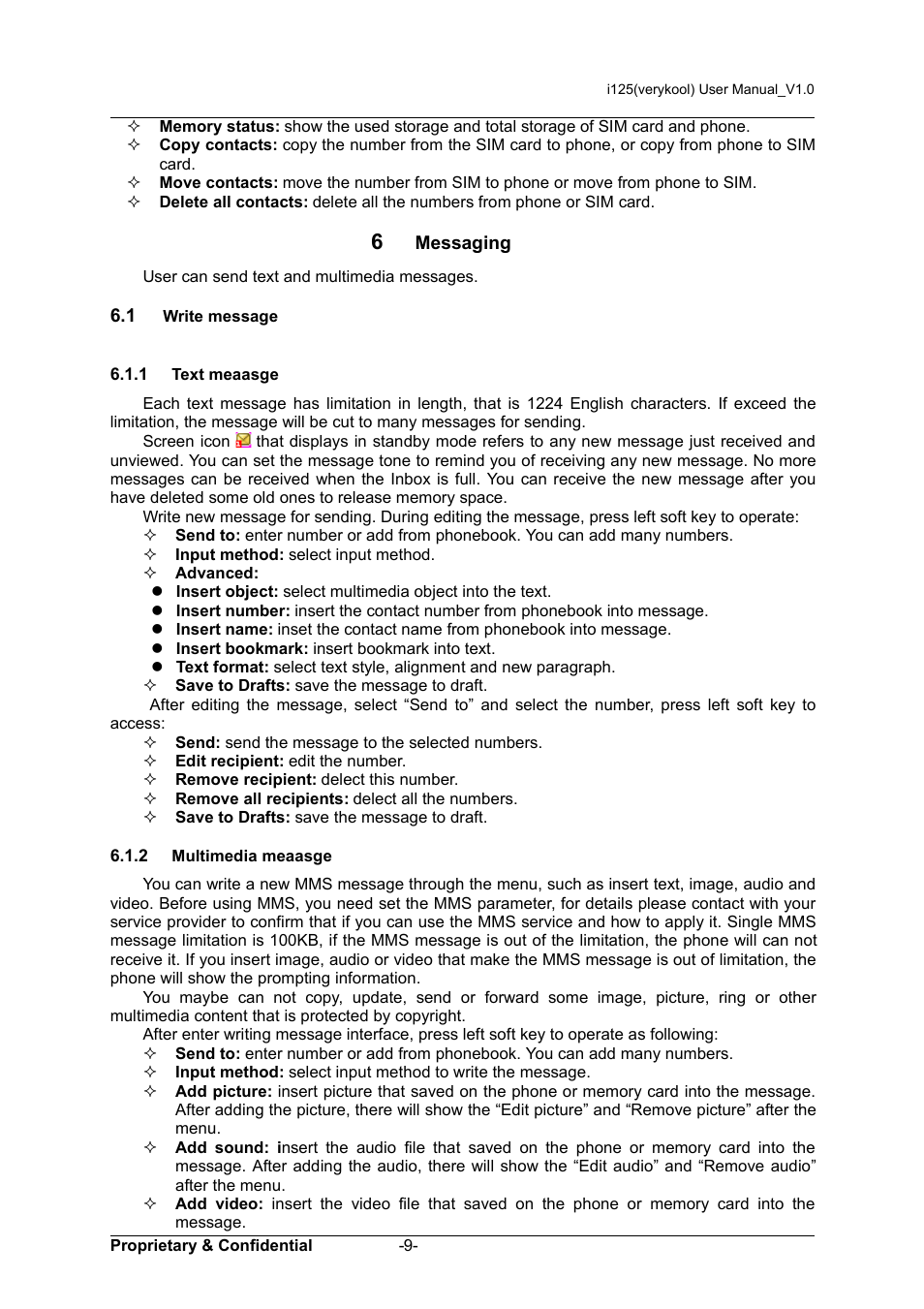 6 messaging, 1 write message, 1 text meaasge | 2 multimedia meaasge | Verykool i125 User Manual | Page 14 / 29