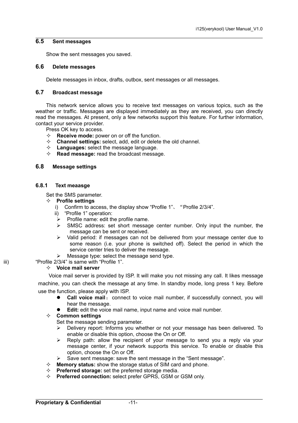 5 sent messages, 6 delete messages, 7 broadcast message | 8 message settings, 1 text meaasge | Verykool i125 User Manual | Page 16 / 29