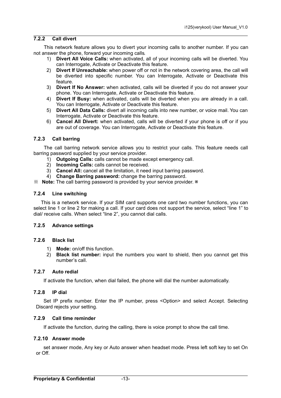 2 call divert, 3 call barring, 4 line switching | 5 advance settings, 6 black list, 7 auto redial, 8 ip dial, 9 call time reminder, 10 answer mode | Verykool i125 User Manual | Page 18 / 29