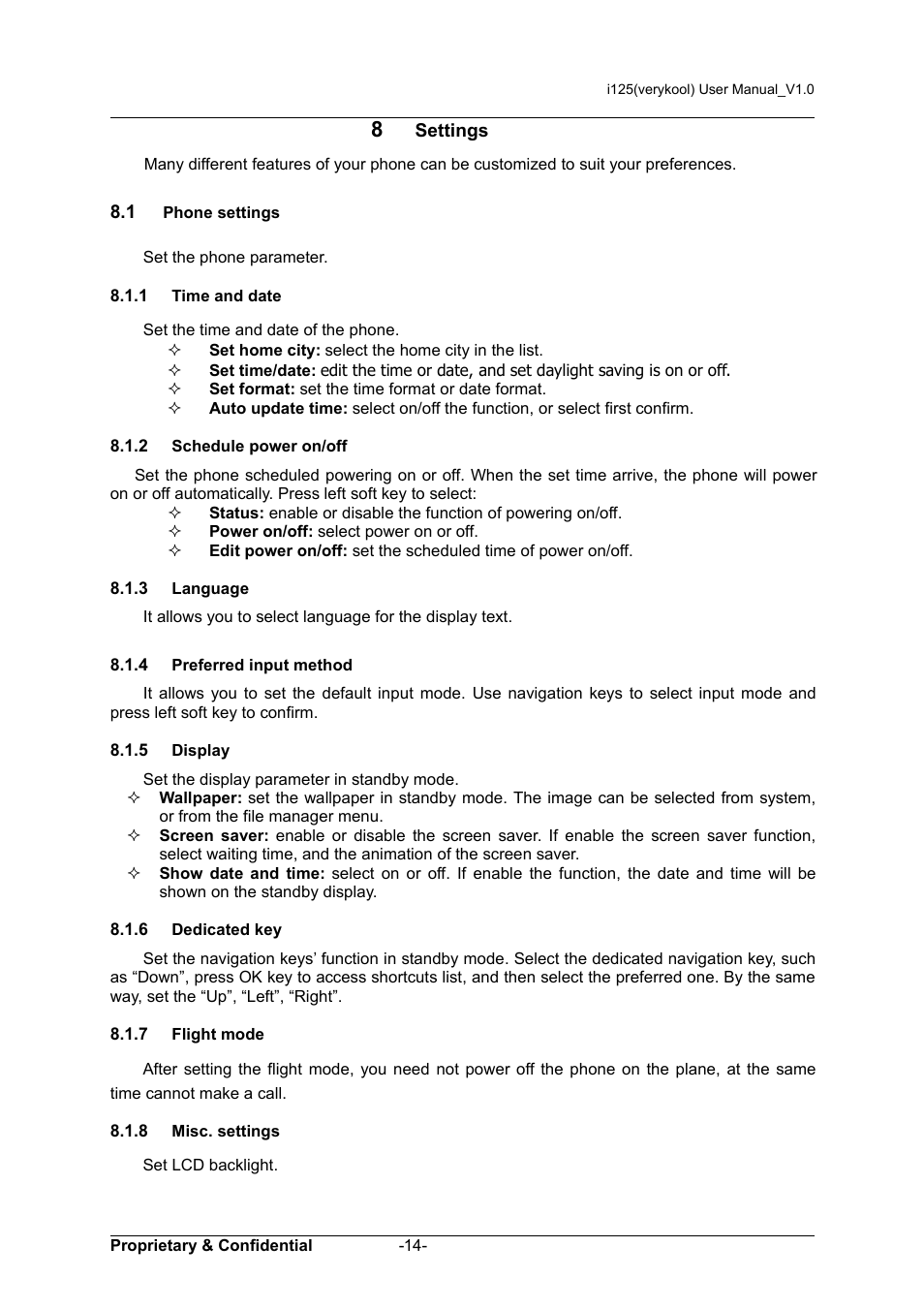 8 settings, 1 phone settings, 1 time and date | 2 schedule power on/off, 3 language, 4 preferred input method, 5 display, 6 dedicated key, 7 flight mode, 8 misc. settings | Verykool i125 User Manual | Page 19 / 29