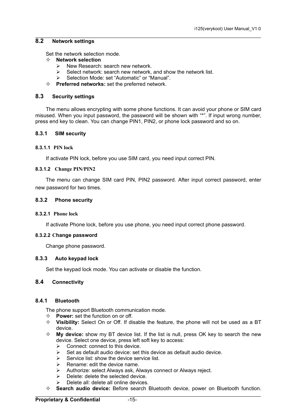 2 network settings, 3 security settings, 1 sim security | 1 pin lock, 2 change pin/pin2, 2 phone security, 1 phone lock, 2 change password, 3 auto keypad lock, 4 connectivity | Verykool i125 User Manual | Page 20 / 29