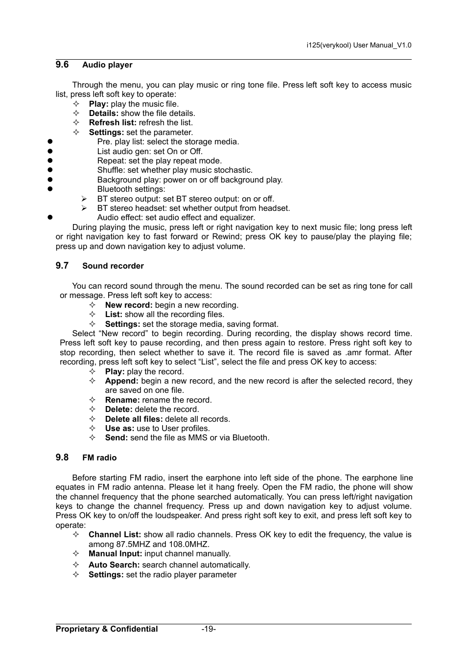6 audio player, 7 sound recorder, 8 fm radio | Verykool i125 User Manual | Page 24 / 29