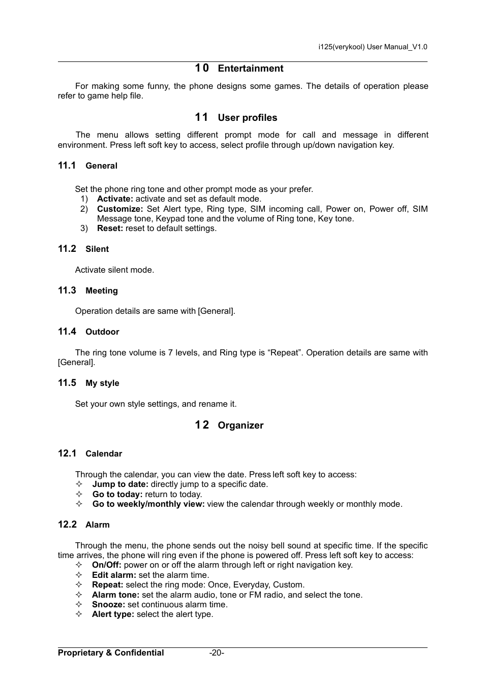 10 entertainment, 11 user profiles, 1 general | 2 silent, 3 meeting, 4 outdoor, 5 my style, 12 organizer, 1 calendar, 2 alarm | Verykool i125 User Manual | Page 25 / 29