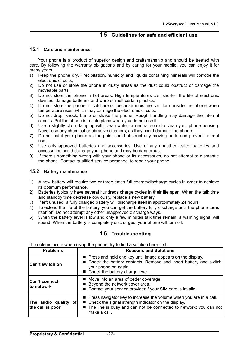 15 guidelines for safe and efficient use, 1 care and maintenance, 2 battery maintenance | 16 troubleshooting | Verykool i125 User Manual | Page 27 / 29