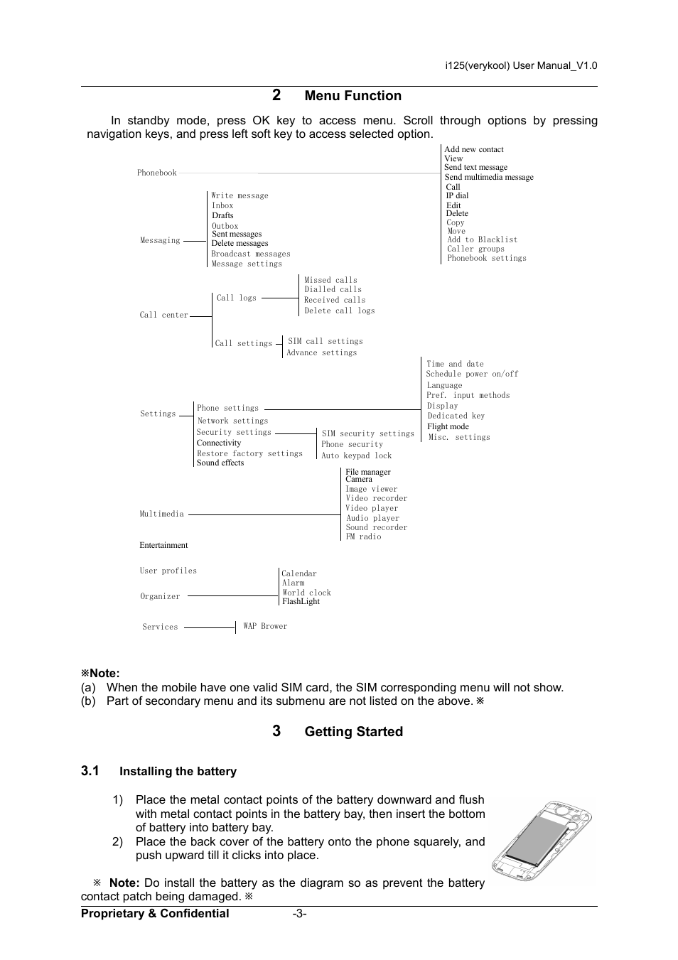 2 menu function, 3 getting started, 1 installing the battery | Menu function, Getting started 3.1 | Verykool i125 User Manual | Page 8 / 29