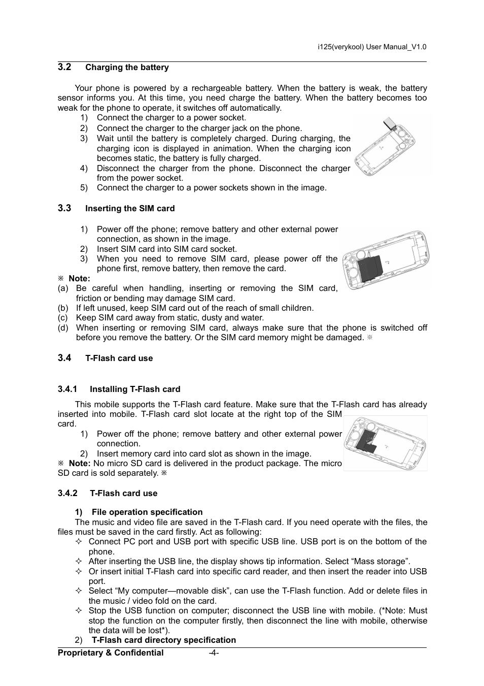 2 charging the battery, 3 inserting the sim card, 4 t-flash card use | 1 installing t-flash card, 2 t-flash card use | Verykool i125 User Manual | Page 9 / 29