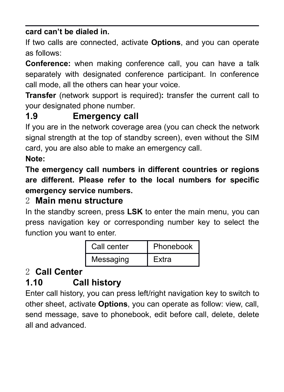 9 emergency call, 2 main menu structure, 2 call center | 10 call history | Verykool i130 User Manual | Page 12 / 21