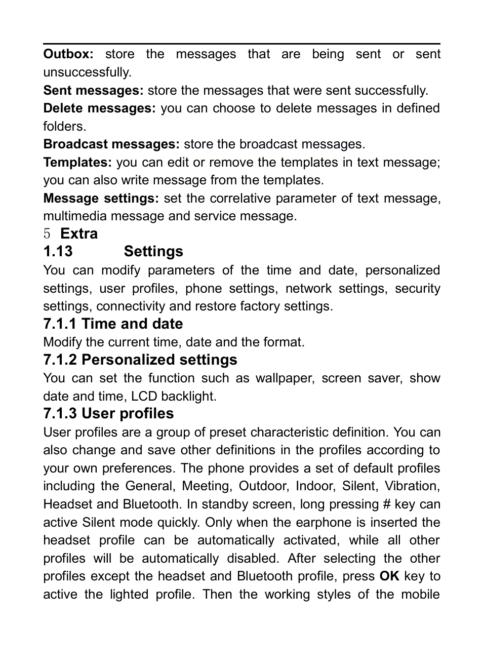 5 extra, 13 settings, 3 user profiles | Verykool i130 User Manual | Page 14 / 21