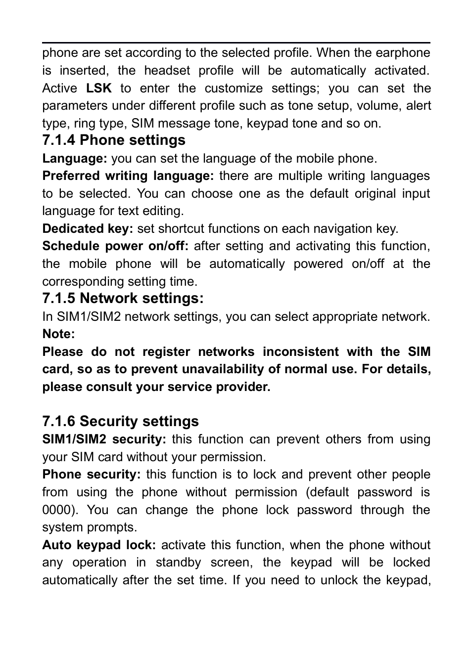 4 phone settings, 5 network settings, 6 security settings | Verykool i130 User Manual | Page 15 / 21