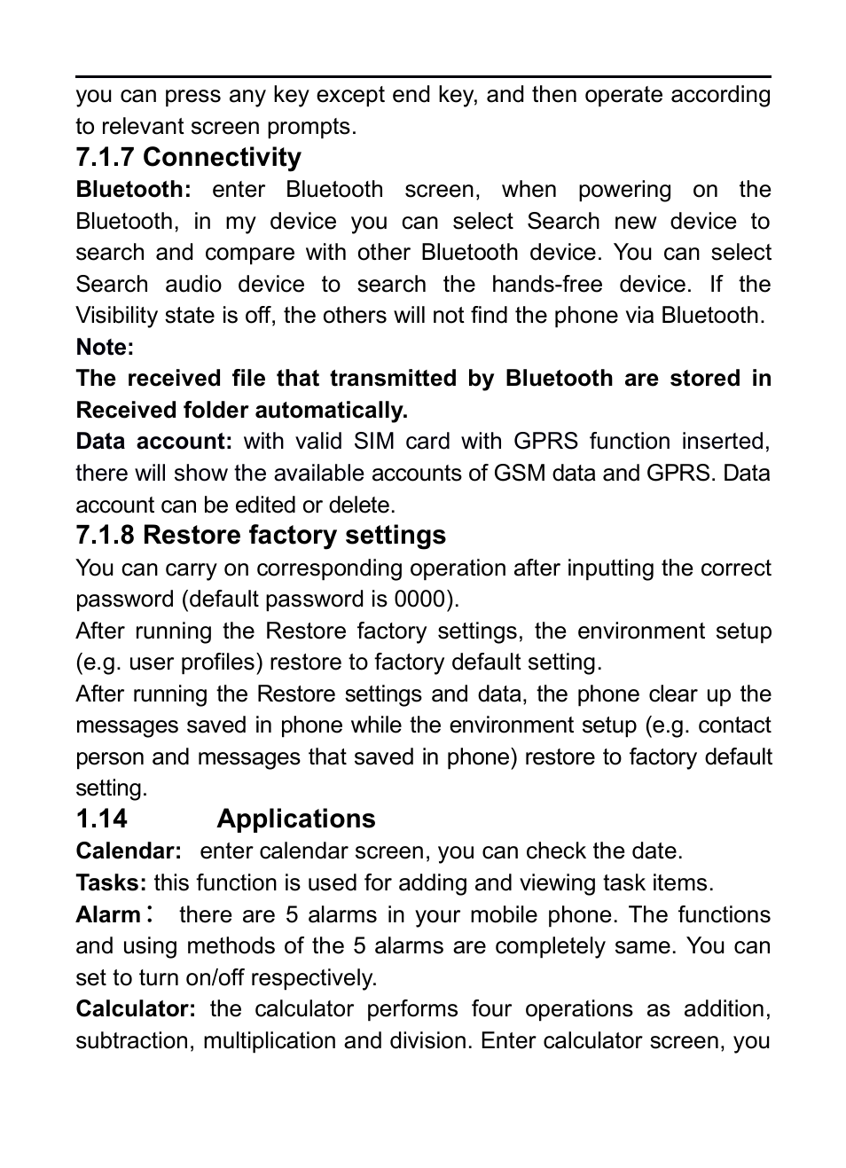 7 connectivity, 8 restore factory settings, 14 applications | Verykool i130 User Manual | Page 16 / 21