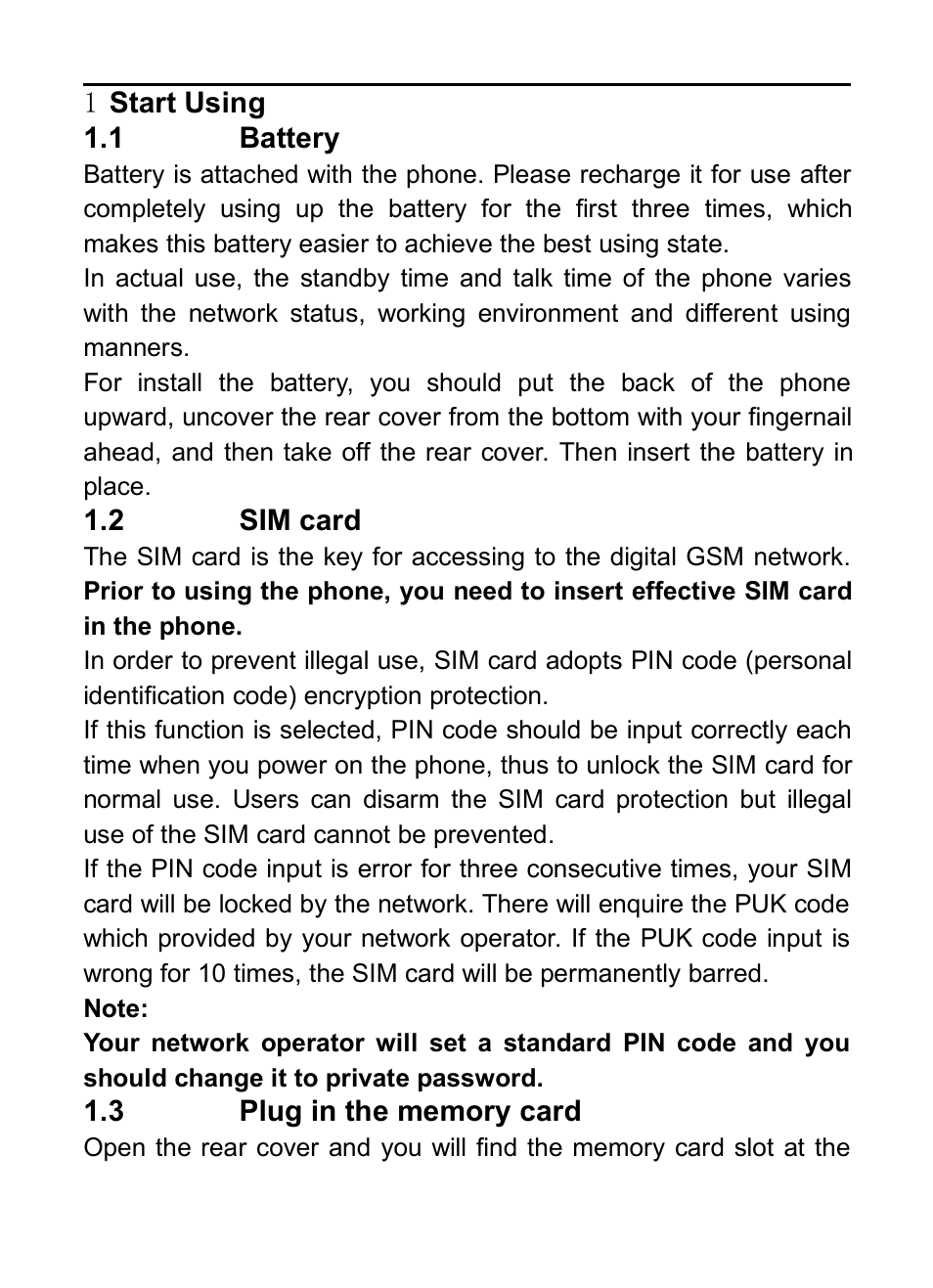 1 start using, 1 battery, 2 sim card | 3 plug in the memory card | Verykool i130 User Manual | Page 7 / 21