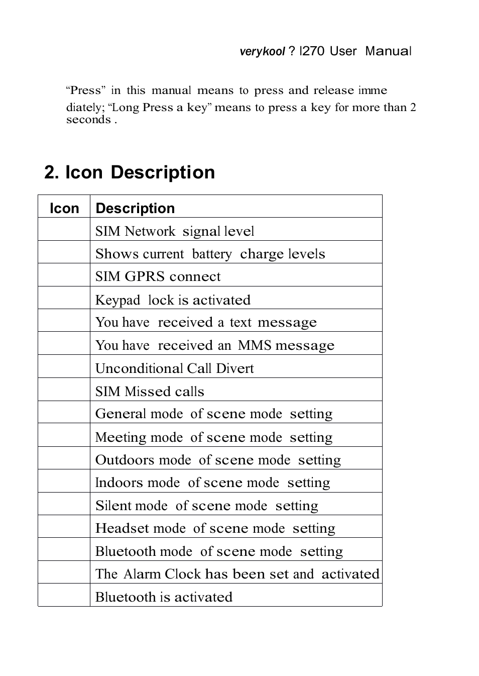 Icon description | Verykool i270 User Manual | Page 11 / 67