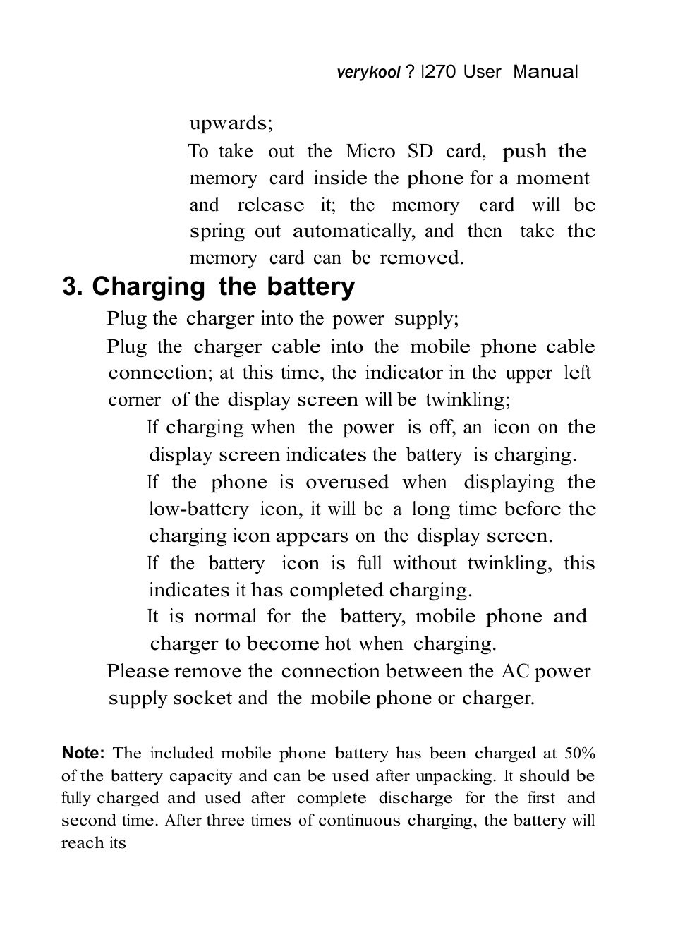 Charging the battery | Verykool i270 User Manual | Page 15 / 67