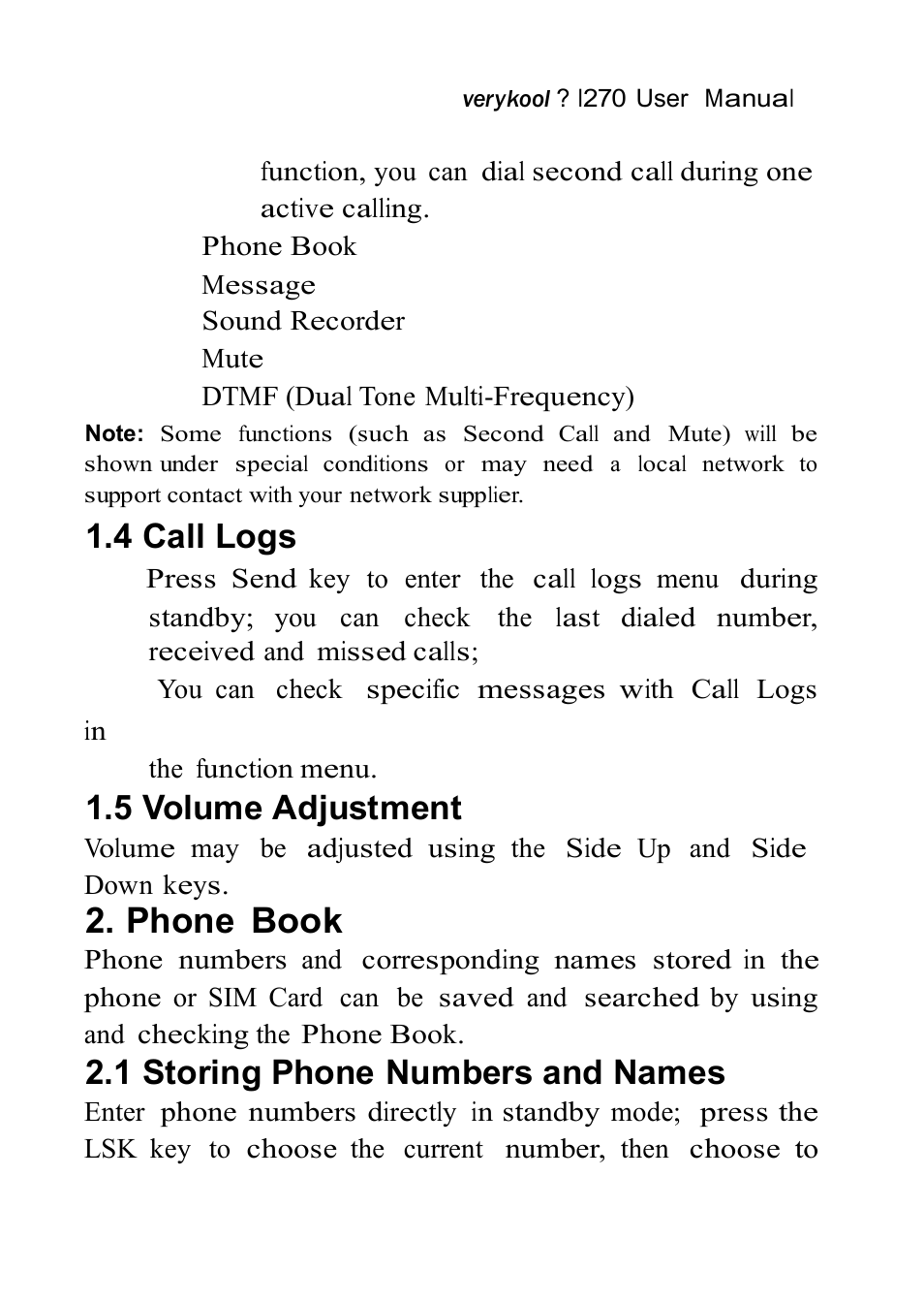 Phone book, 4 call logs, 5 volume adjustment | 1 storing phone numbers and names | Verykool i270 User Manual | Page 20 / 67