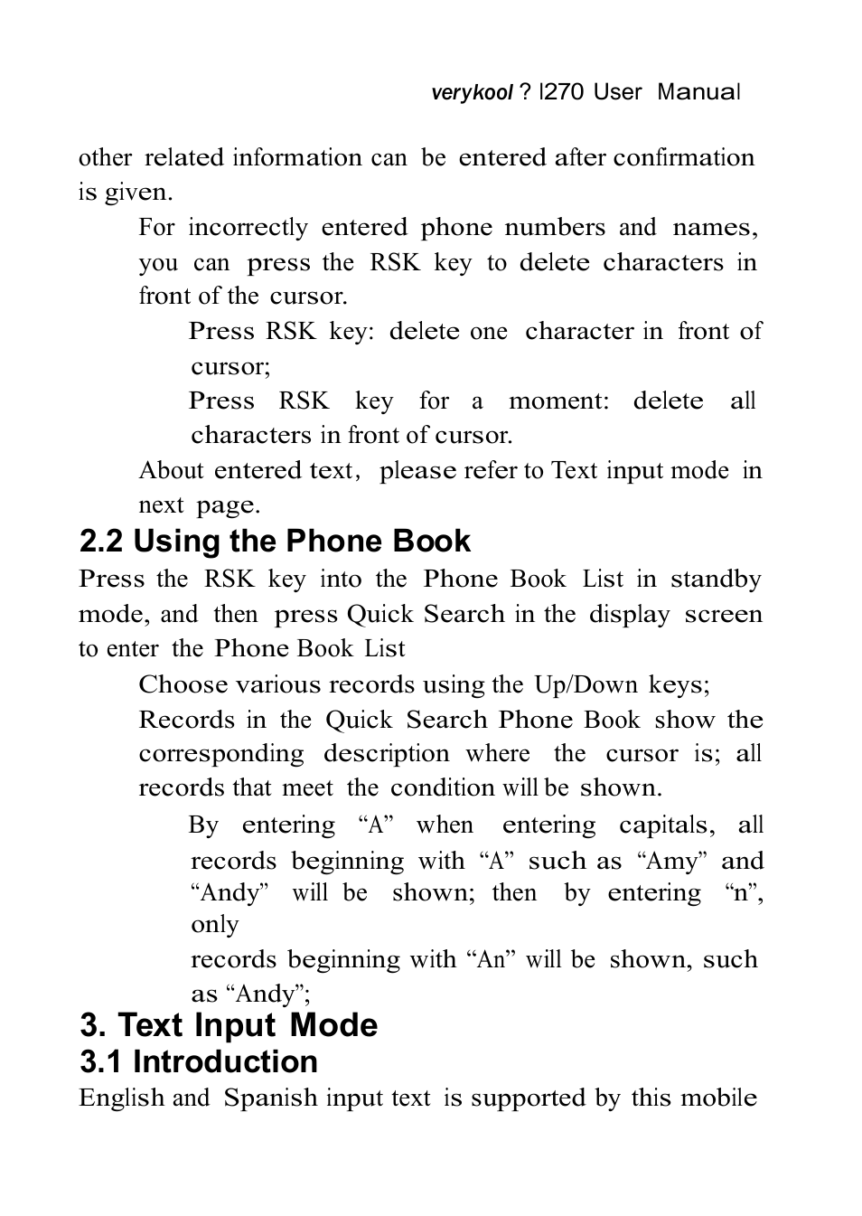 Text input mode, 2 using the phone book, 1 introduction | Verykool i270 User Manual | Page 22 / 67