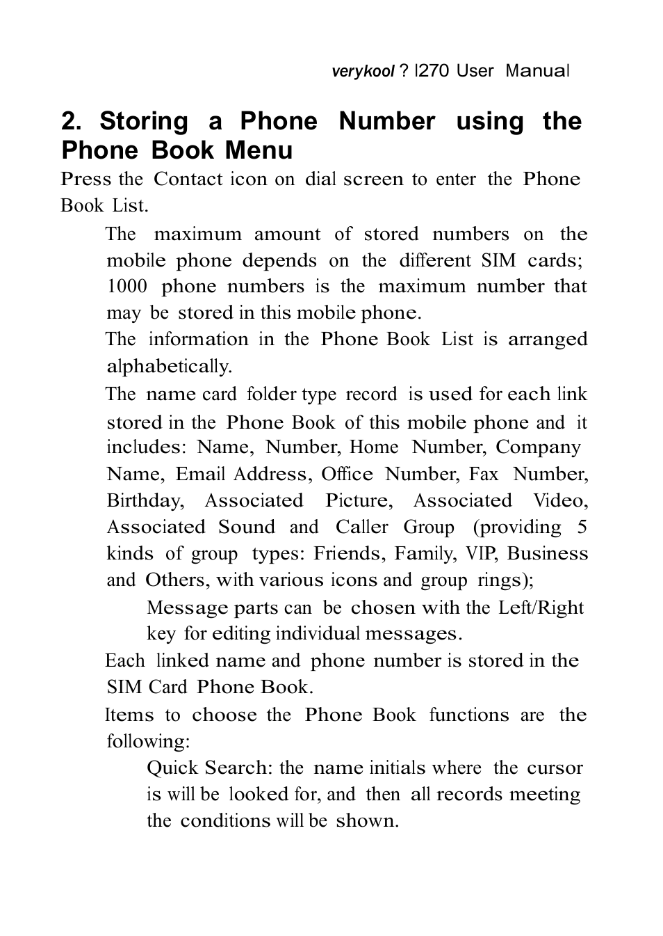 Storing a phone number using the phone book menu | Verykool i270 User Manual | Page 28 / 67