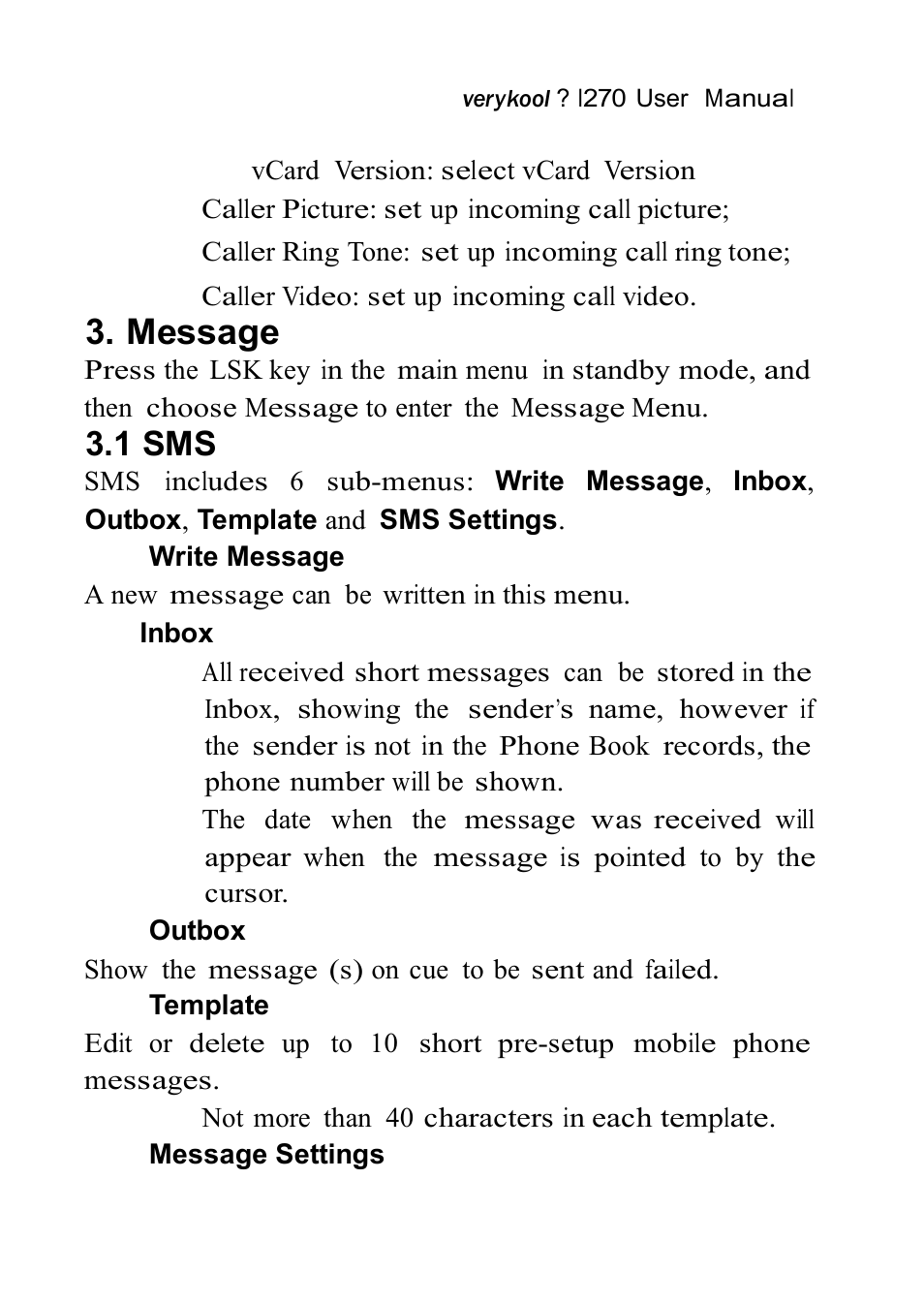 Message, 1 sms | Verykool i270 User Manual | Page 30 / 67