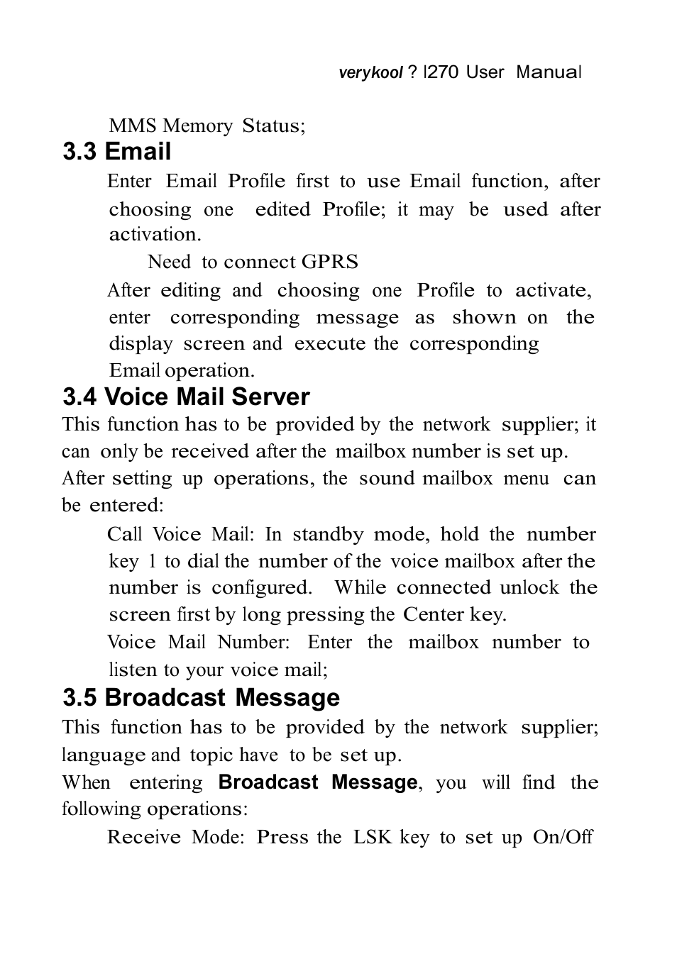 3 email, 4 voice mail server, 5 broadcast message | Verykool i270 User Manual | Page 33 / 67