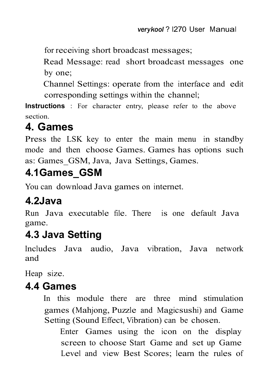 Games, 1games_gsm, 2java | 3 java setting, 4 games | Verykool i270 User Manual | Page 34 / 67