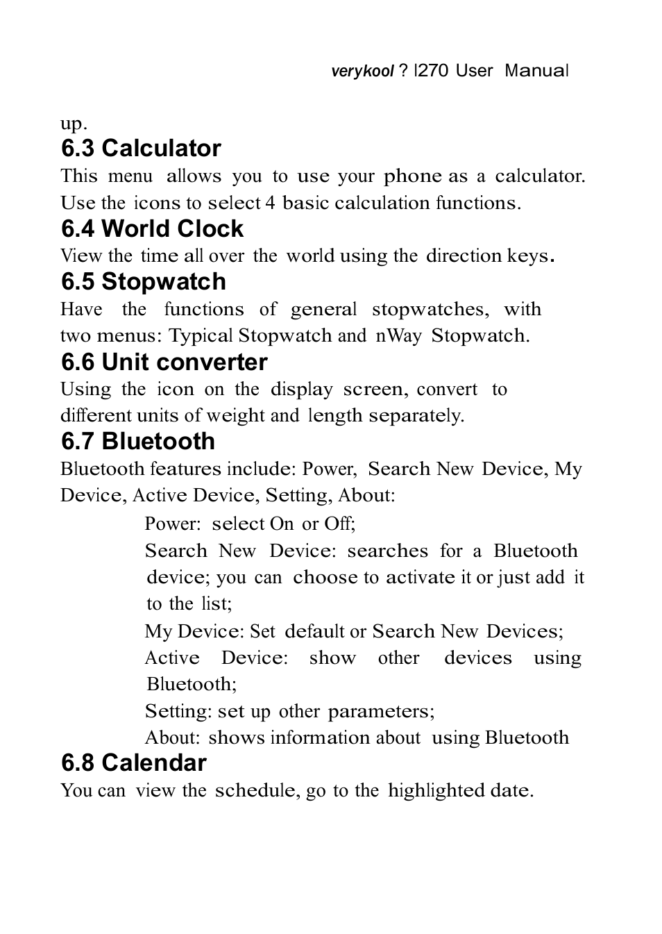 3 calculator, 4 world clock, 5 stopwatch | 6 unit converter, 7 bluetooth, 8 calendar | Verykool i270 User Manual | Page 38 / 67