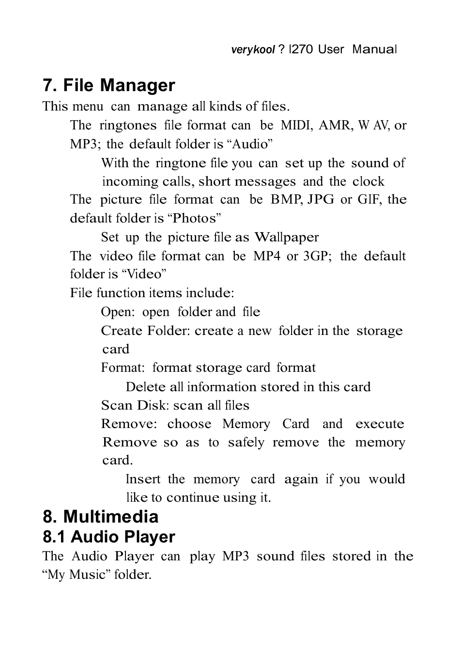 File manager, Multimedia, 1 audio player | Verykool i270 User Manual | Page 39 / 67