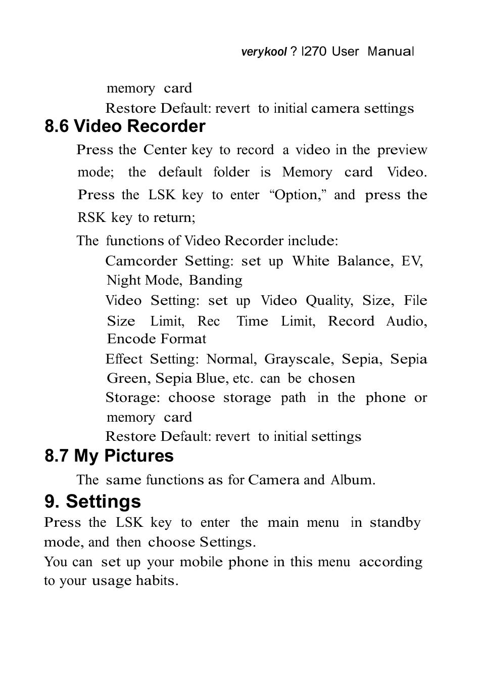 Settings, 6 video recorder, 7 my pictures | Verykool i270 User Manual | Page 44 / 67