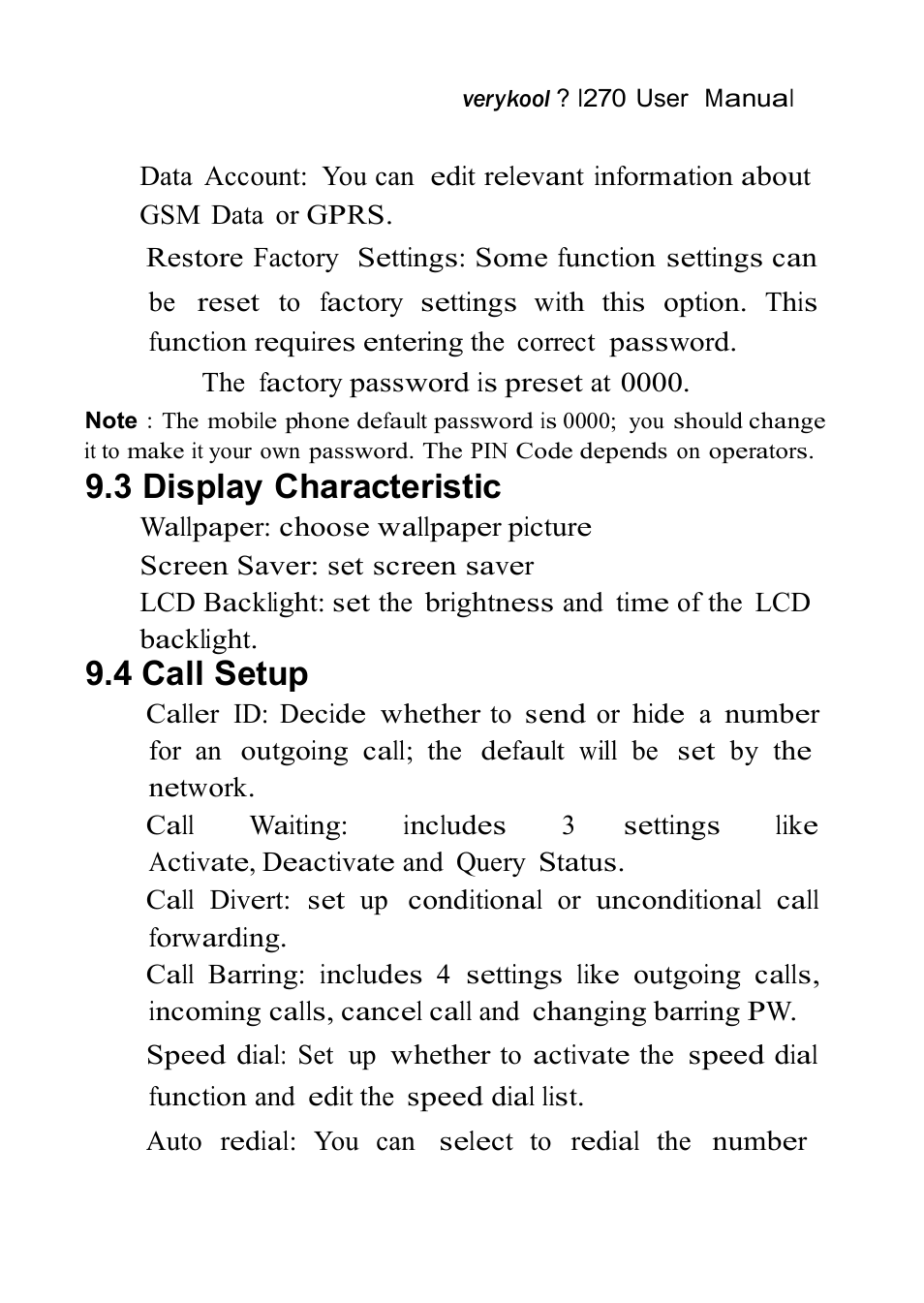 3 display characteristic, 4 call setup | Verykool i270 User Manual | Page 48 / 67