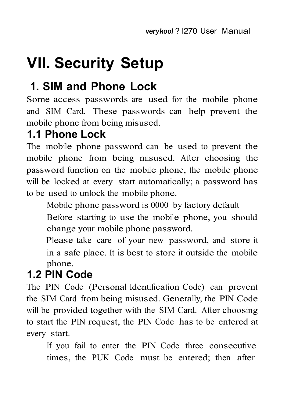 Vii. security setup, Sim and phone lock | Verykool i270 User Manual | Page 55 / 67