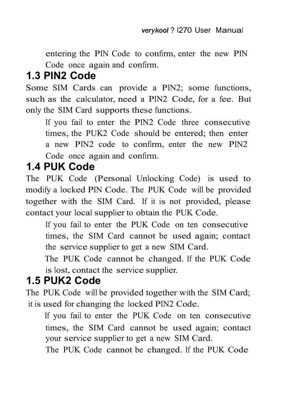 3 pin2 code, 4 puk code, 5 puk2 code | Verykool i270 User Manual | Page 56 / 67